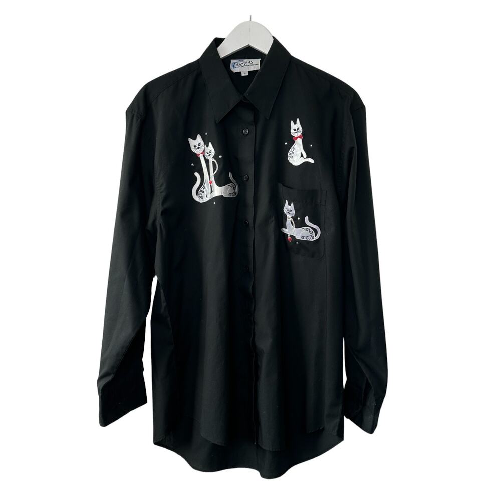 Las Olas Black Button-Up Shirt Embroidered White Classy Cats Women's Size Large